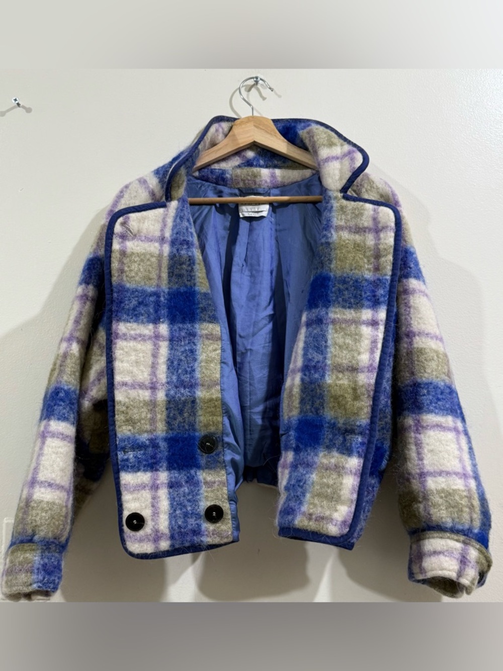 forte_forte Plaid Wool-Blend Pea Coat in Blue, Olive & Cream - Picture 5 of 11